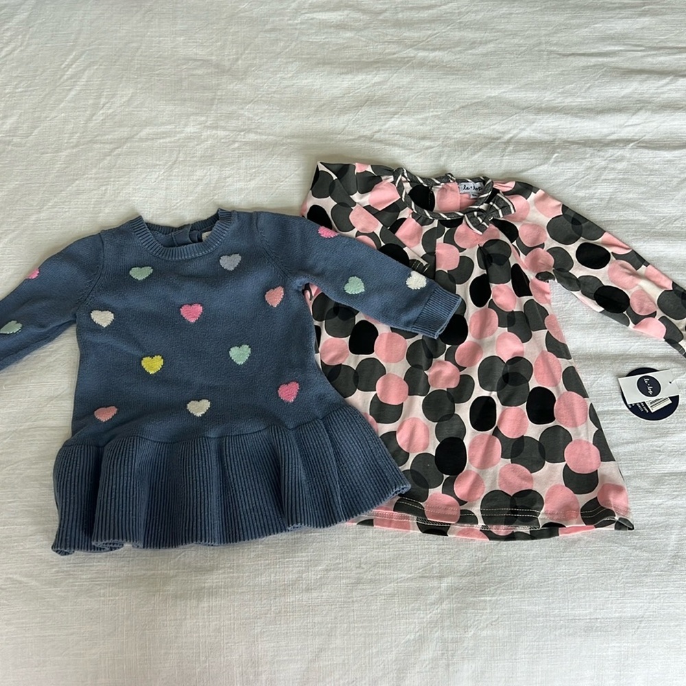 Baby Gap Heart Sweater Dress 6-12M & Le Top Polka Dot Dress 12M Bundle Blue Pink
